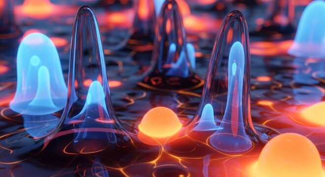 Abstract landscape of glowing formations evoking futuristic surrealism and vibrant contrasting