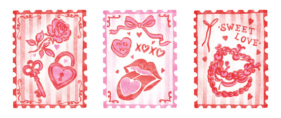 Valentine's Day Postage Stamp Clipart Set, Hand Drawn Vintage Love Stamps with Cherub, Champagne, Heart, Bow, Cherry, Romantic Pink Illustrations