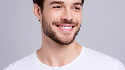 Obraz premium Smiling young man with a clean appearance against a soft gray background, showcasing confidence and positivity in a casual white shirt for lifestyle imagery