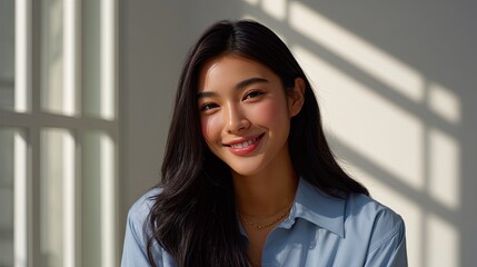 Natural Beauty Portrait of Smiling Woman with Long Dark Hair in Soft Light Against Minimalist Background
