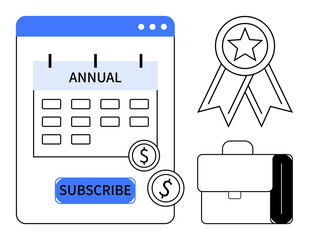 Calendar marked Annual with a subscription button, ribbon badge, coins, and briefcase. Ideal for payment plans, membership, business strategy, rewards, financial planning success simple flat