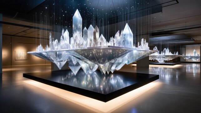 A futuristic art installation featuring numerous large, translucent crystals arranged on a geometric platform, suspended by thin wires, within a dimly lit museu