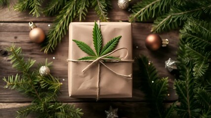Marijuana cannabis topic concept. Christmas gift wrapping with cannabis leaf and fir branches on rustic wooden background.