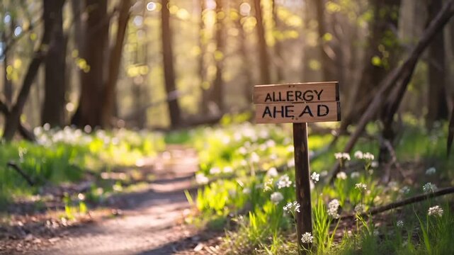 Spring pollen season. Allergy. Aerial view of a forest path with a signpost indicating ALLERGY AHEAD in the foreground. The path is surrounded by lush greenery.