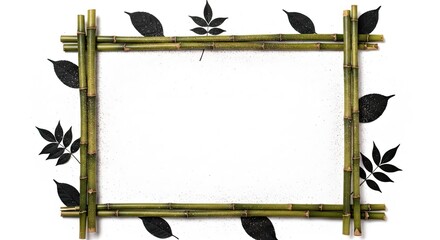 Minimalist bamboo frame on white background with black leaves for artistic presentations