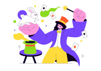 Magician Vector Illustration with Illusionist Conjuring Tricks and Waving a Magic Wand above his Mysterious Hat on a Stage in Flat Cartoon Background