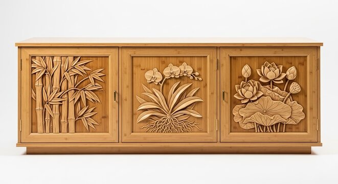 Ornate bamboo cabinet with carved plant motifs showcasing detailed craftsmanship