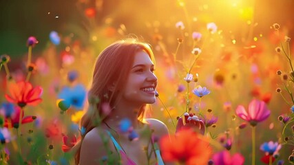 Allergy. A vivid, digitally rendered digital artwork of a woman amidst a field of flowers during sunset. The woman is depicted with her arms raised, seemingly in a state of joy or celebration.