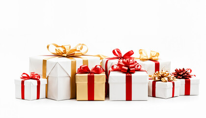 Fototapeta premium various sized gift boxes with red and gold ribbons