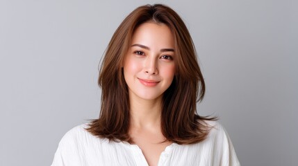Fototapeta premium Stunning young woman with long brown hair and natural makeup, smiling confidently against a simple gray background, showcasing youthful beauty and charm
