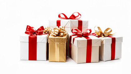 stack of christmas gifts with contrasting red and gold decorative bows