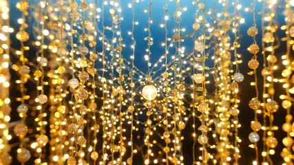 Close up of shimmering golden string lights and crystal beads hanging against a dark blue background. Elegant and festive bokeh effect perfect for Christmas, weddings, or luxury event backdrops