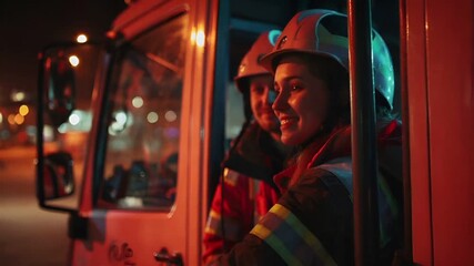 A nighttime scene featuring two firefighters inside a fire truck. The fire trucks interior is illuminated with red and blue lights, creating a warm and inviting atmosphere.
