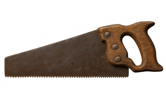 Rusty vintage handsaw, a classic carpentry tool with a wooden handle and sharp teeth, ready for cutting on transparent background