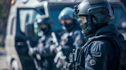 A closeup shot of a police officer in tactical gear, with a focus on the helmet and face mask. The officer is wearing a black helmet with a camera mounted on it.