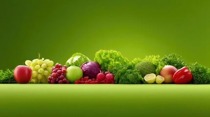 Fresh and Colorful Variety of Fruits and Vegetables on Green Background Ideal for Healthy Eating Concepts and Nutrition Awareness Campaigns