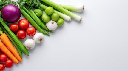 Fresh Vegetables Displayed on White Background Featuring Carrots, Tomatoes, Onions, Peppers, Cucumbers, and Various Green Produce for Healthy Lifestyle Promotion