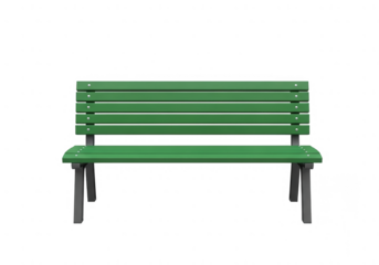 Vibrant green wooden slatted park bench with sturdy metal frame, inviting rest and relaxation