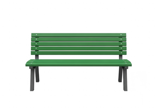 Vibrant green wooden slatted park bench with sturdy metal frame, inviting rest and relaxation