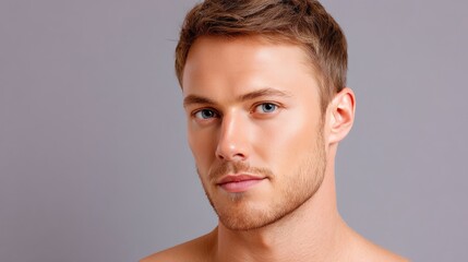 Fototapeta premium Portrait of a confident young man with light brown hair and blue eyes against a neutral background showcasing natural beauty and self-assured expression