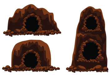 Vector illustration of cave entrances with rocks and brown mountain shapes. Suitable for game assets, animation, and graphic design elements. Clean and detailed vector artwork.