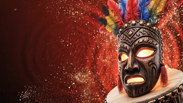 tribal mask centerpiece glowing with ambient light, feathers subtly swaying, drum vibration ripple effect in background