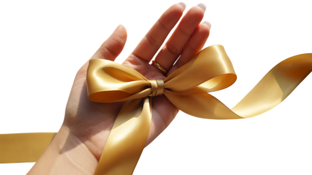 A woman's hand holding a golden satin ribbon tied in a bow isolated on a transparent background female - Powered by Adobe