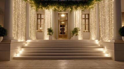 Fototapeta premium Elegant exterior view of a beautifully lit building entrance adorned with fairy lights and greenery for a festive atmosphere at night