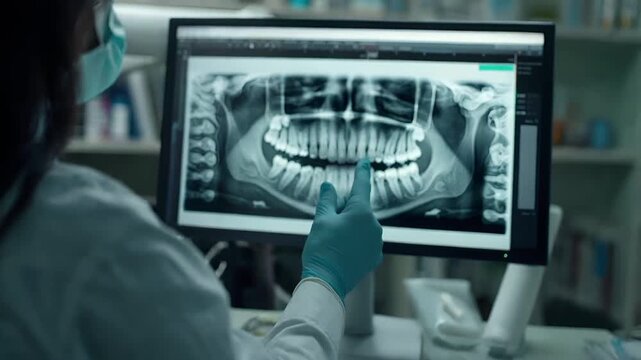 Tooth dental health concept. dentist examining xray image on computer monitor.