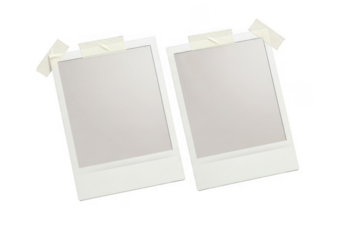 Two blank instant photo frames attached with tape, perfect for displaying memories, isolated on transparent background