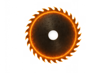 Circular saw blade turning red hot with glowing teeth, representing danger, power, and metal work concept, transparent background