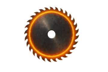 Circular saw blade glowing orange, sharp teeth creating sparks, indicating danger and powerful cutting on transparent background