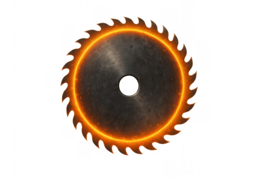 Circular saw blade glowing orange, sharp teeth creating sparks, indicating danger and powerful cutting on transparent background