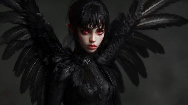 A dark, gothicstyle digital artwork featuring a female character with striking red eyes and black wings. She has a pale complexion, dark hair, and red eyes that stand out against her pale skin.