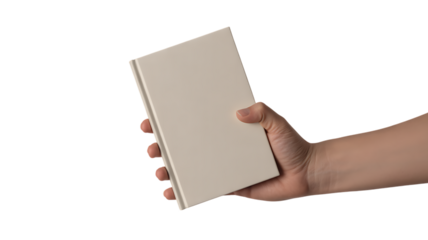 Hand holding a blank hardcover book with a light cream cover isolated on a transparent background image