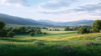 Obraz premium Tranquil Landscape with Rolling Green Hills and Distant Mountains Under a Clear Sky, Evoking Peace and Natural Beauty in a Serene Countryside Scene