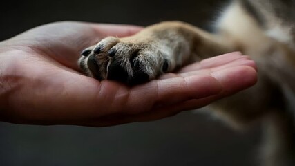 A closeup image of a dogs paw being held by a human hand. The paw is detailed with visible veins and fur texture. The human hand is gently cradling the paw.