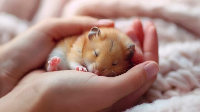 A closeup image of a young hamster being held gently by a human hand. The hamsters fur is a warm orangebrown, and its eyes are closed, suggesting a moment of rest or relaxation.
