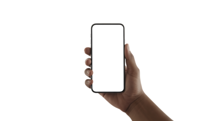 Human hand holding a white screen smartphone with silver bezel isolated on a transparent background mobile phone