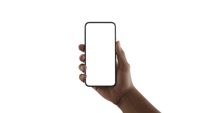 Human hand holding a white screen smartphone with silver bezel isolated on a transparent background mobile phone