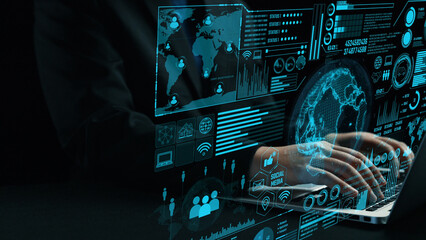 Modern communication network visualization showcasing data analysis with hands on a laptop, highlighting global connectivity and advanced technological insights. Cipher