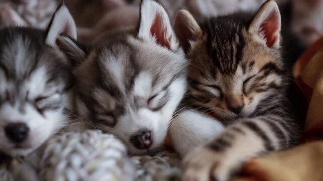 A closeup of a group of kittens and a husky puppy resting on a knitted blanket. The kittens and husky appear to be in a state of rest, with their eyes closed.