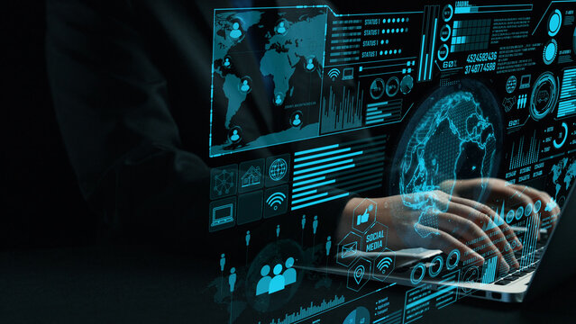 Modern communication network visualization showcasing data analysis with hands on a laptop, highlighting global connectivity and advanced technological insights. Cipher - Powered by Adobe