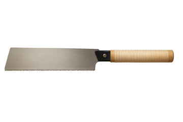 Japanese pull saw with wood handle and steel blade, woodworking tool for precise cutting tasks, transparent background