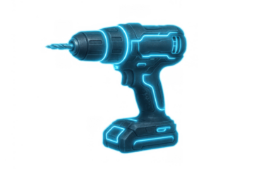 Futuristic cordless drill glowing with blue neon light, depicting advanced technology and cyberpunk tools, transparent background