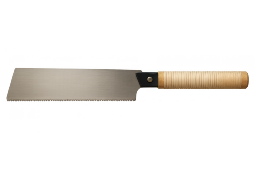 Japanese pull saw with wood handle and steel blade, woodworking tool for precise cutting tasks, transparent background