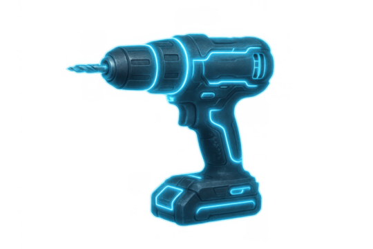 Futuristic cordless drill glowing with blue neon light, depicting advanced technology and cyberpunk tools, transparent background