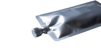 Silver stand up pouch with screw cap and textured seal isolated on a transparent background flexible packaging