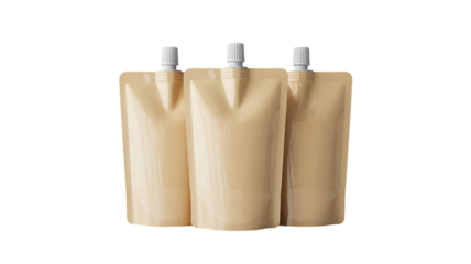 Three identical beige pouches with white caps arranged in a row isolated on a transparent background