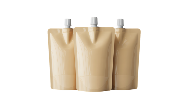 Three identical beige pouches with white caps arranged in a row isolated on a transparent background